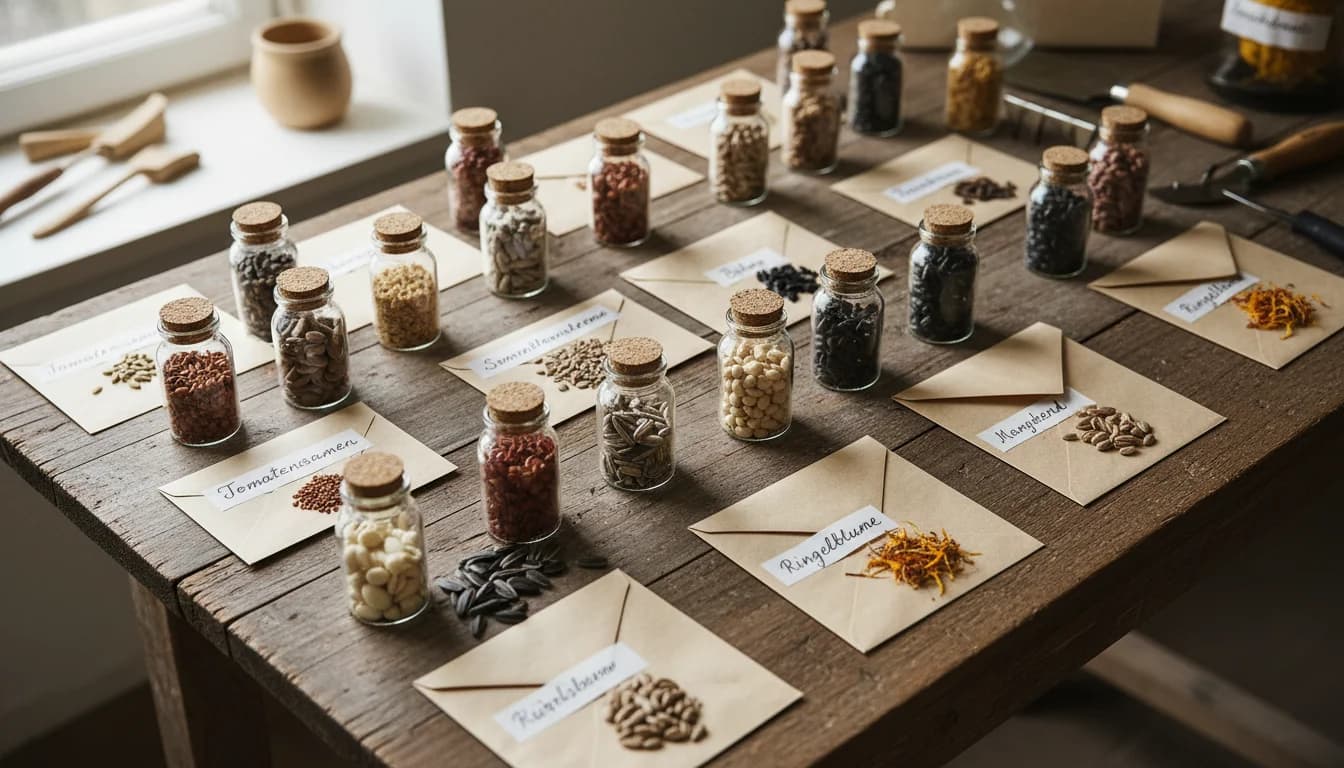 Sammlung verschiedener Saatgut-Sorten in Gläsern und Papier-Tütchen — Tomaten, Sonnenblumen, Bohnen, Mangold